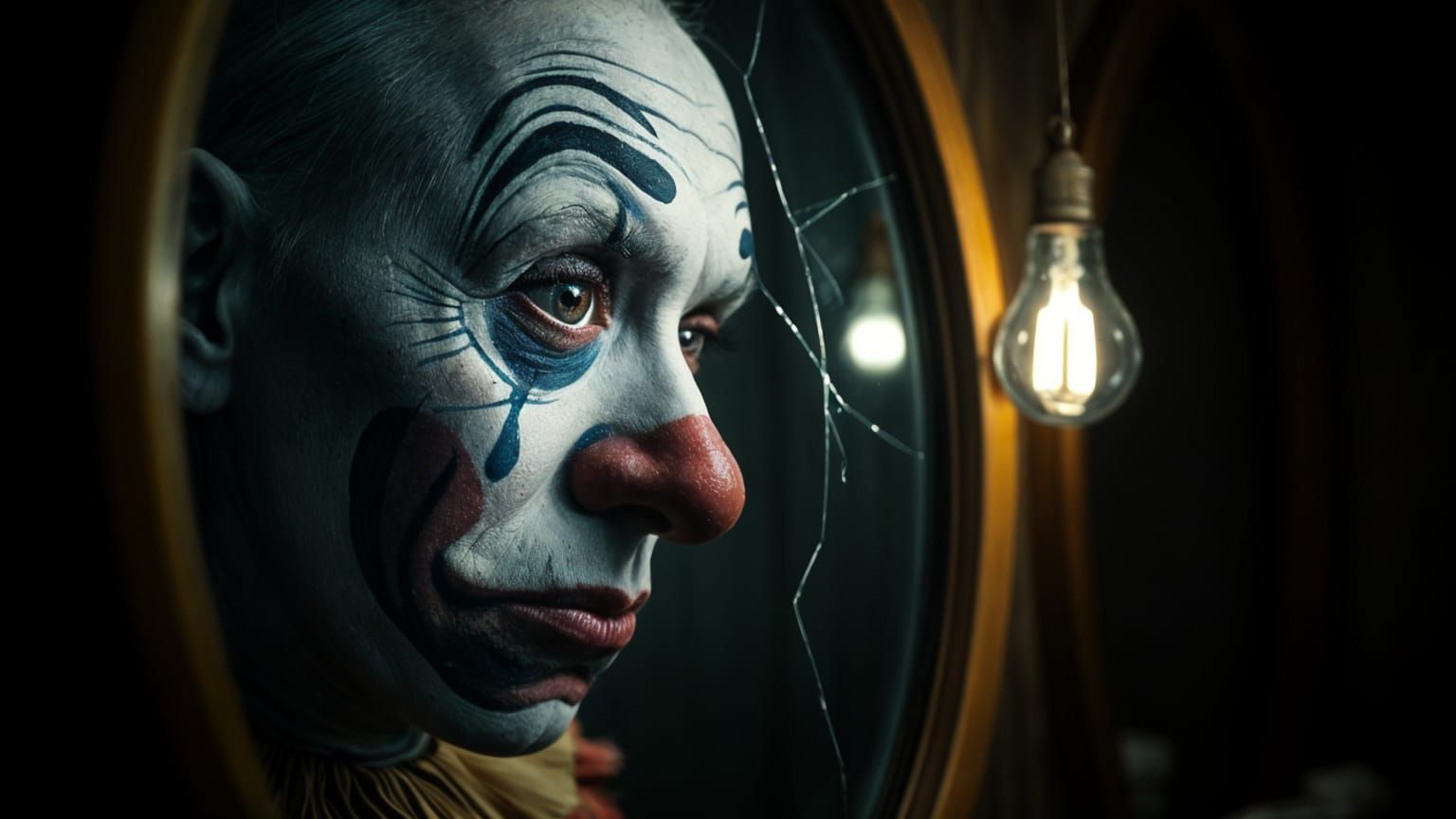 Sad Old Circus Clown in Dim Dressing Room