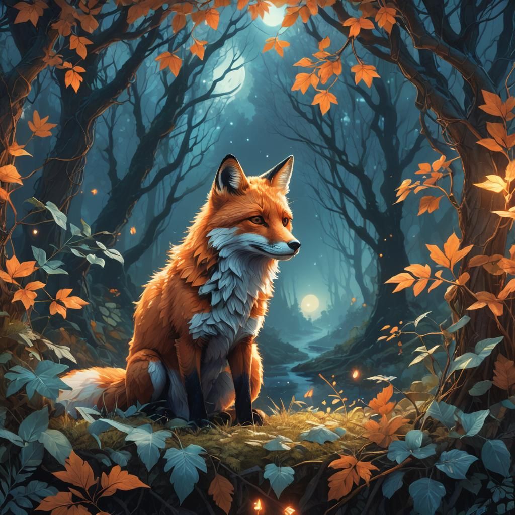 Mystical Fox in Forest Tapestry with Glowing Aura