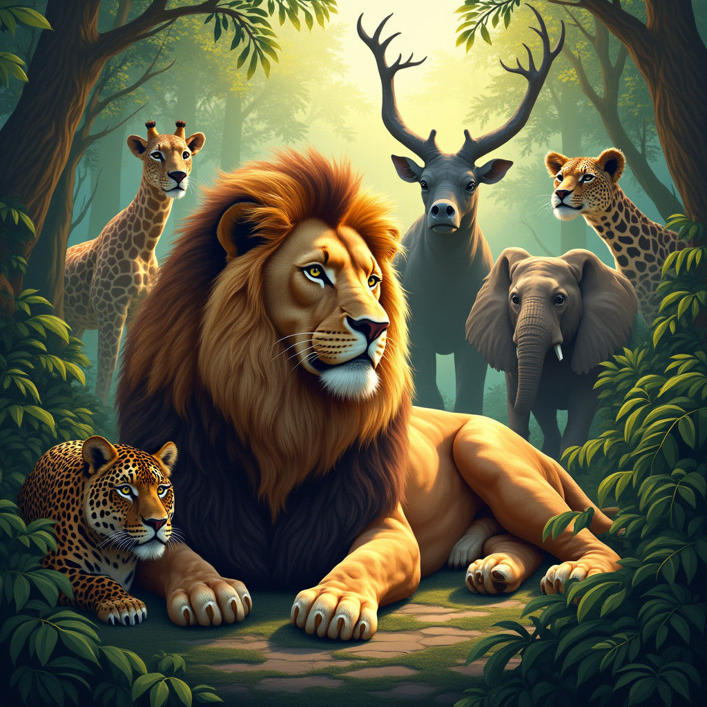 Regal Lion in Lush Jungle Kingdom: Hyperrealistic Splash Art