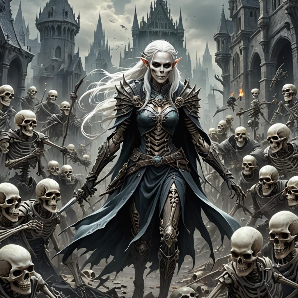 Elven Lich Commands Skeleton Army in Fantasy Art