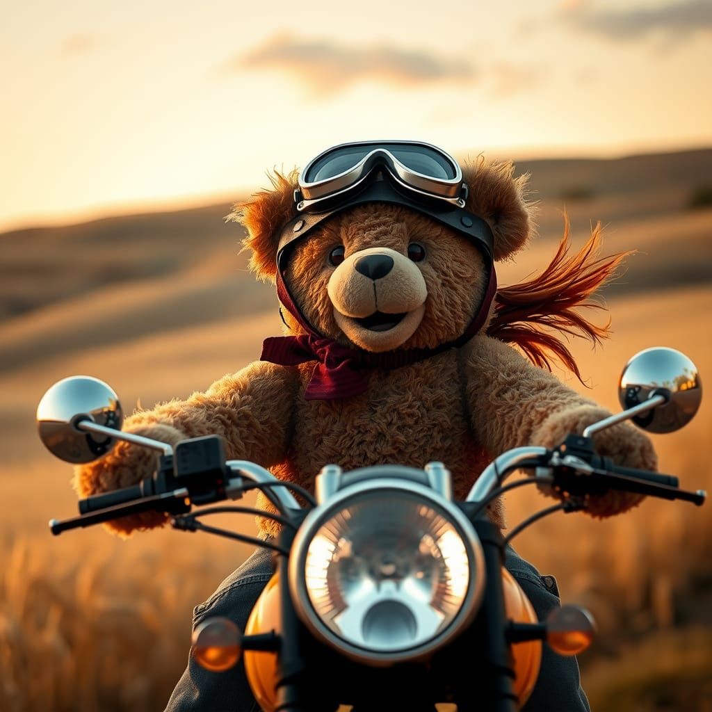 Teddy Bear's Triumphant Motorcycle Ride at Dusk
