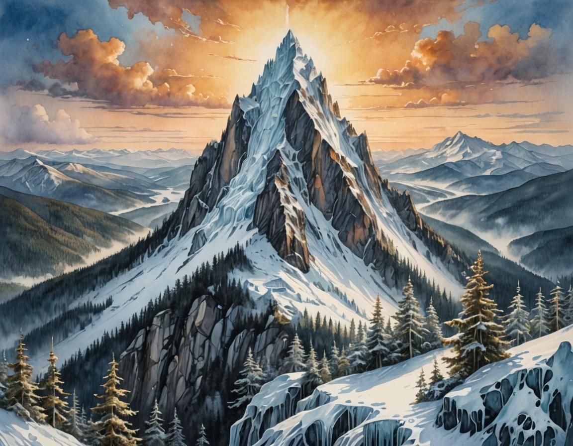 Icy Mountain in Watercolor Style