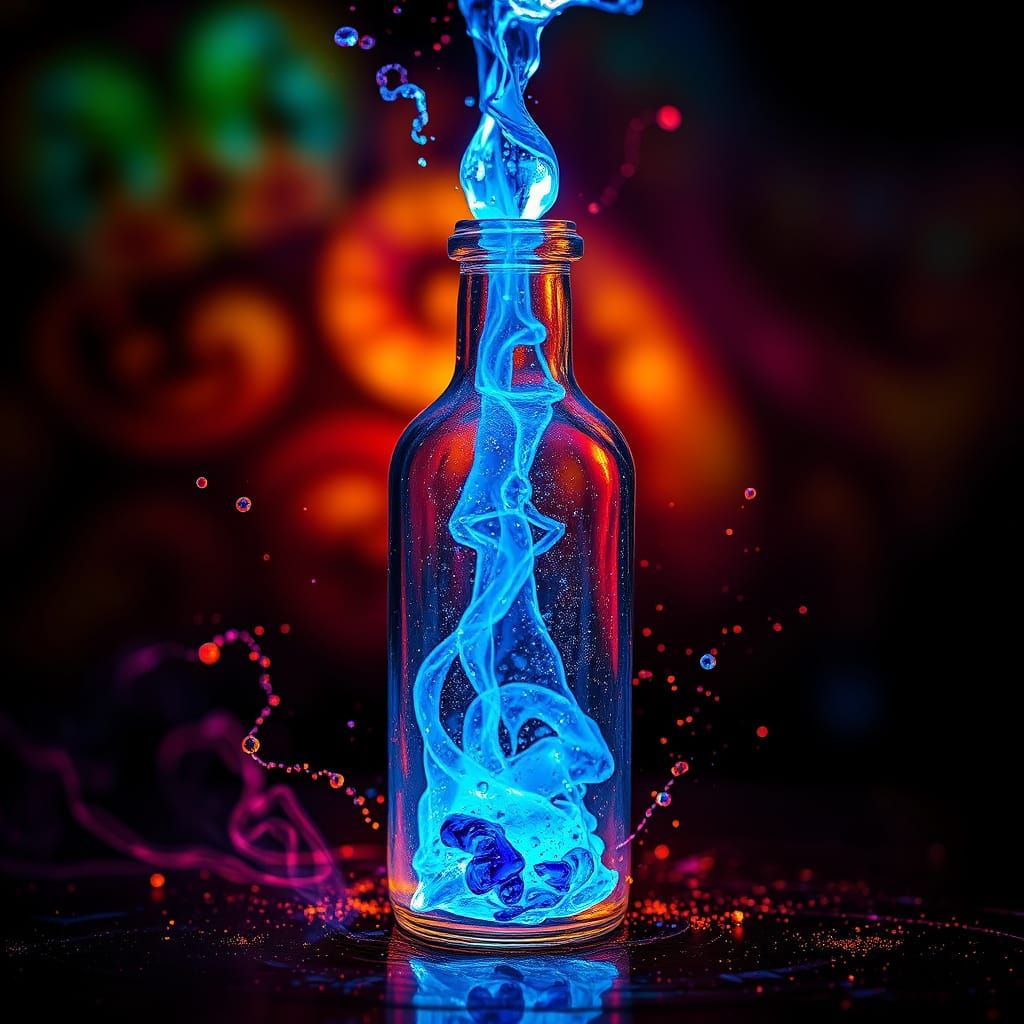 Blue Genie Emerges From Bottle in Hyperrealistic Style