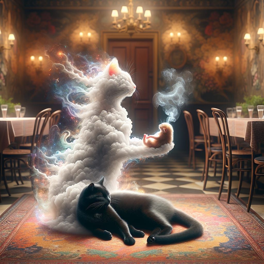Black Cat Deity with Kitten in Vaporous Form