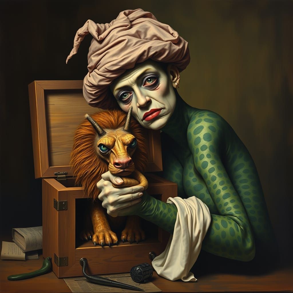 Mutated Woman and Lion in Dürer Van Gogh Style