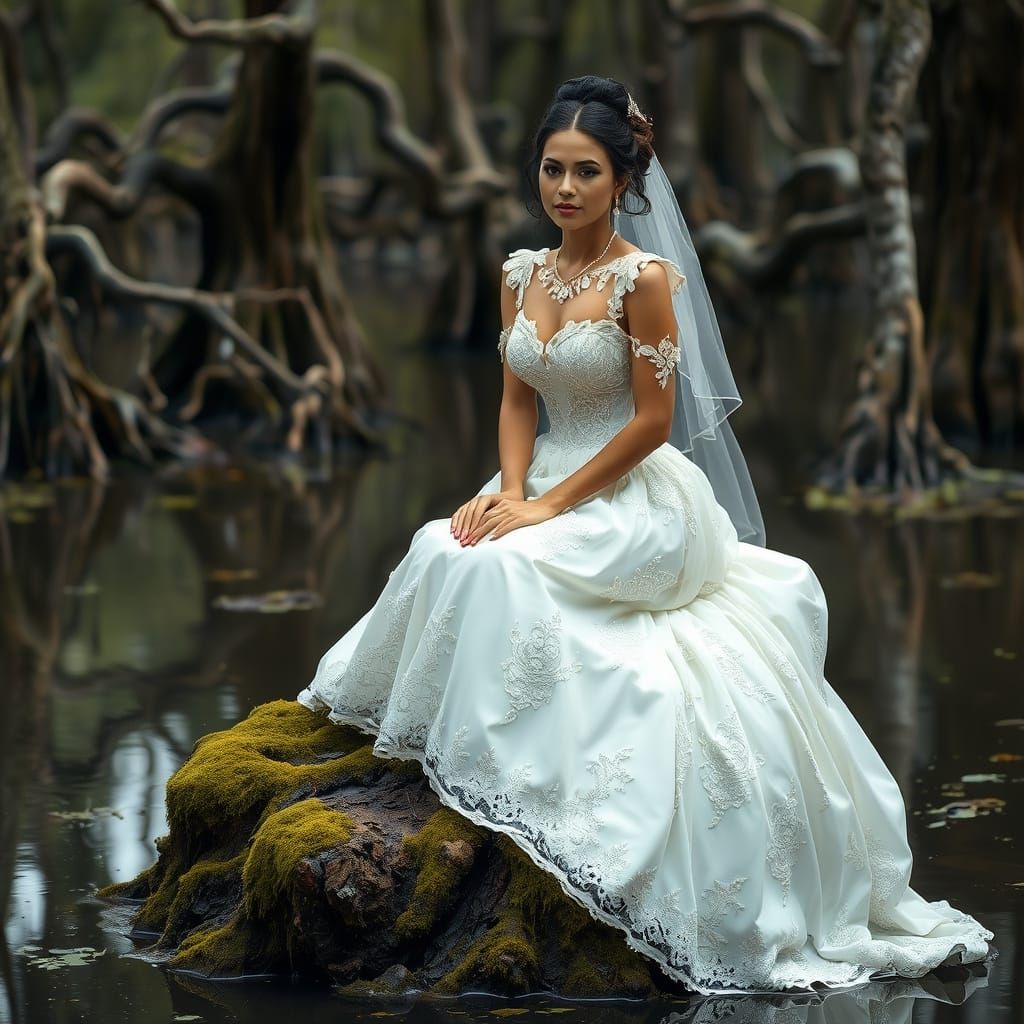 Creole Princess in Wedding Gown, Photorealistic Swamp Portra...