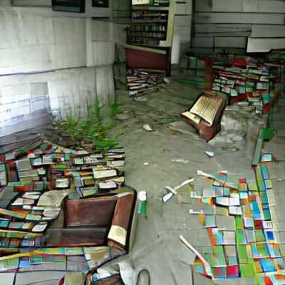 Abandoned Library: Books Scattered Everywhere