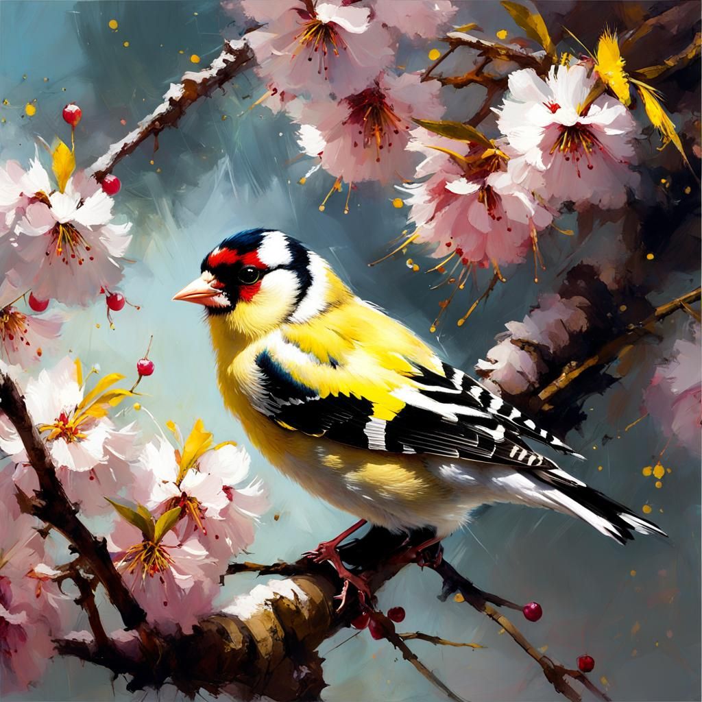 Goldfinch in Cherry Tree: Detailed Matte Painting
