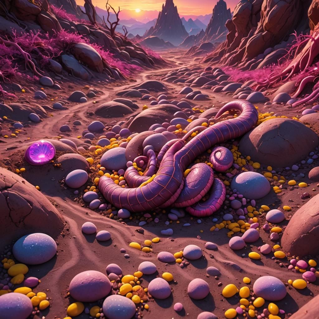 Purple Earthworm in Fantasy Alien Landscape