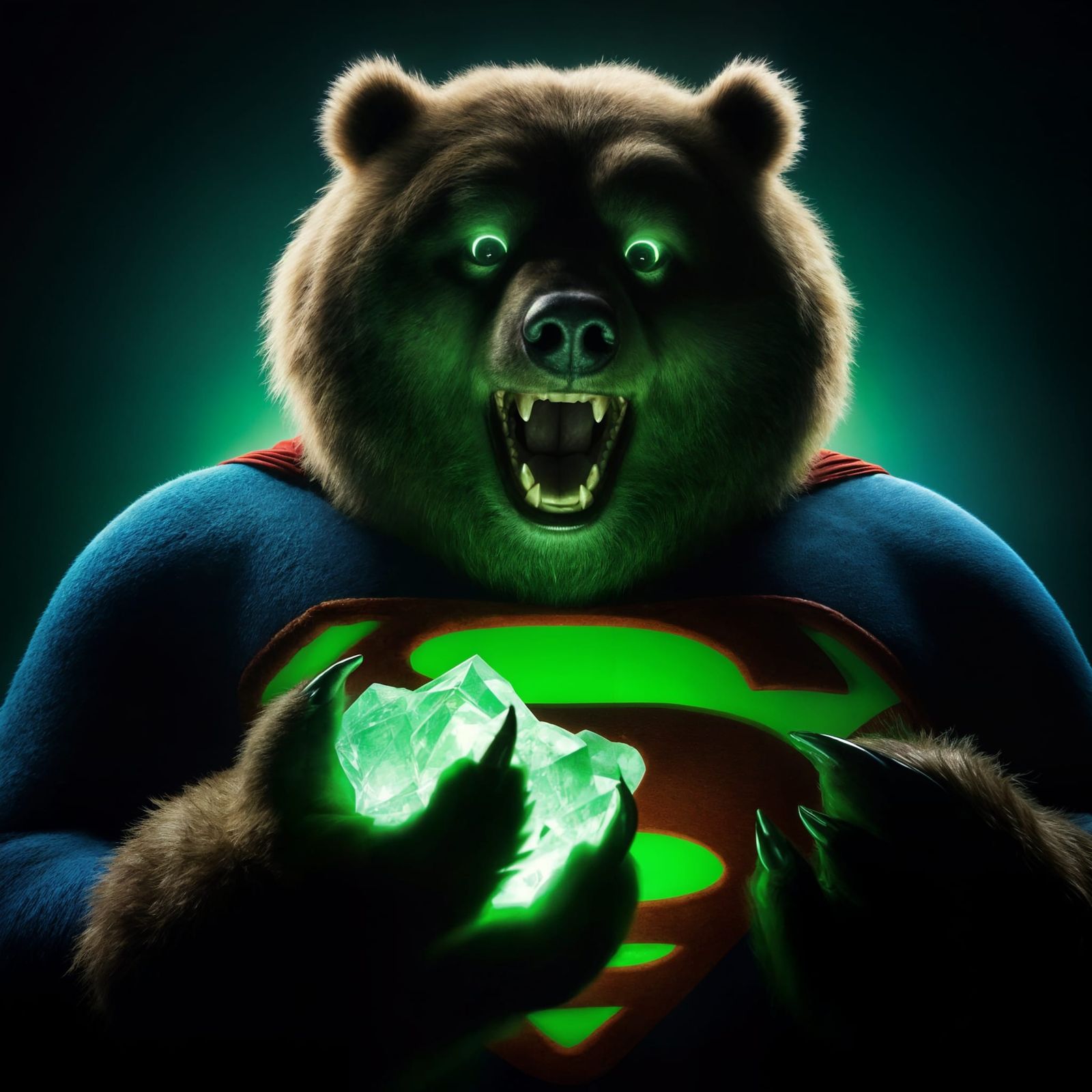 Obese Kodiak Bear as Superman in Dark Portrait