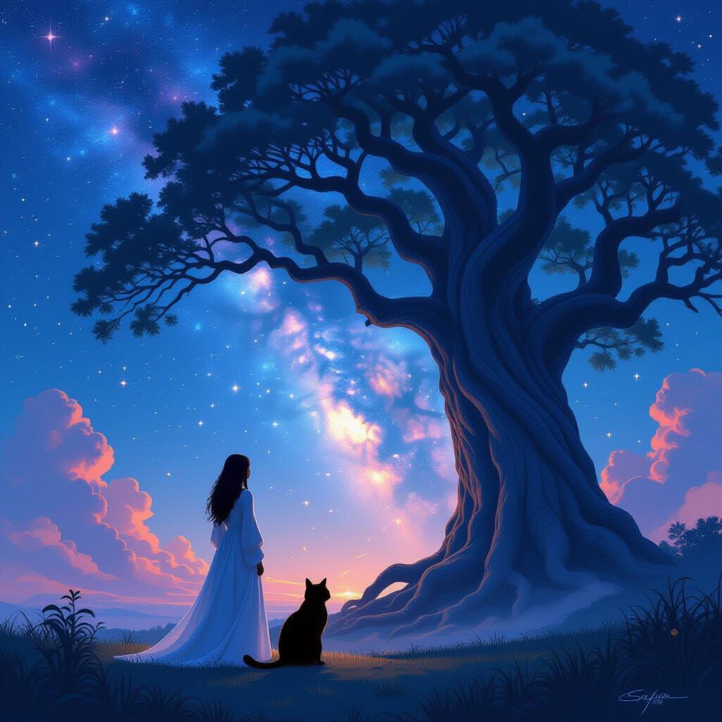 Ethereal Cat and Ancient Tree Under Nebula Sky