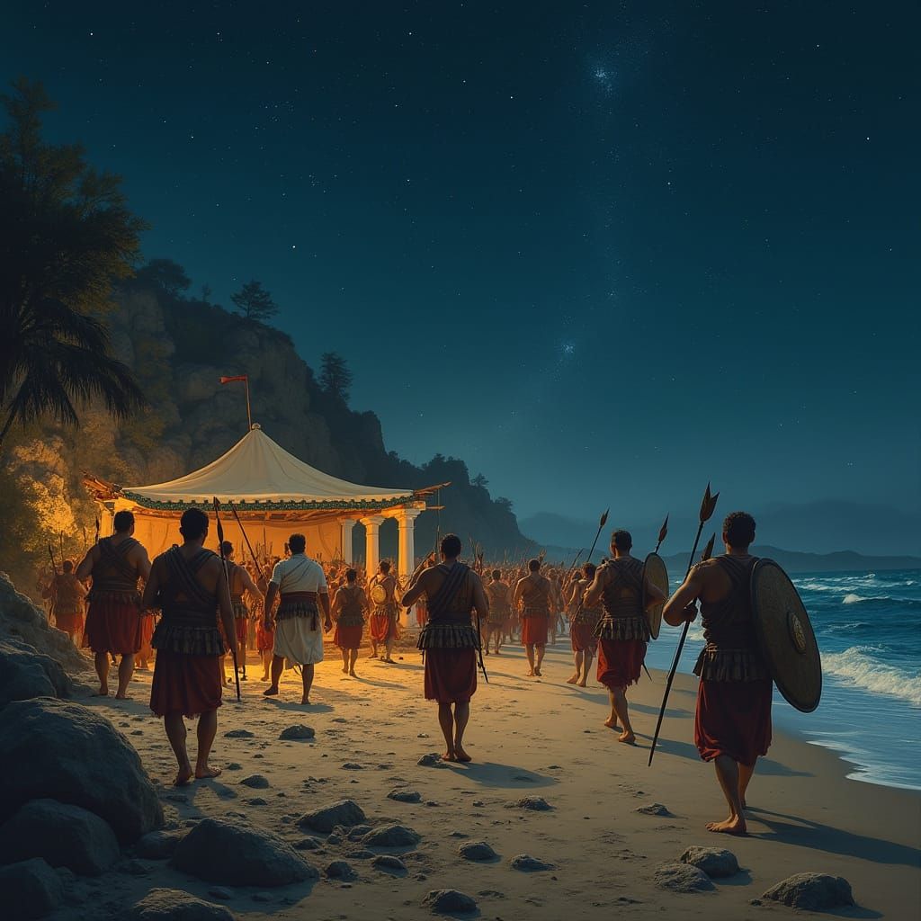 Ancient Greek Warriors Flee Under Siege of Arrows on a Moonl...