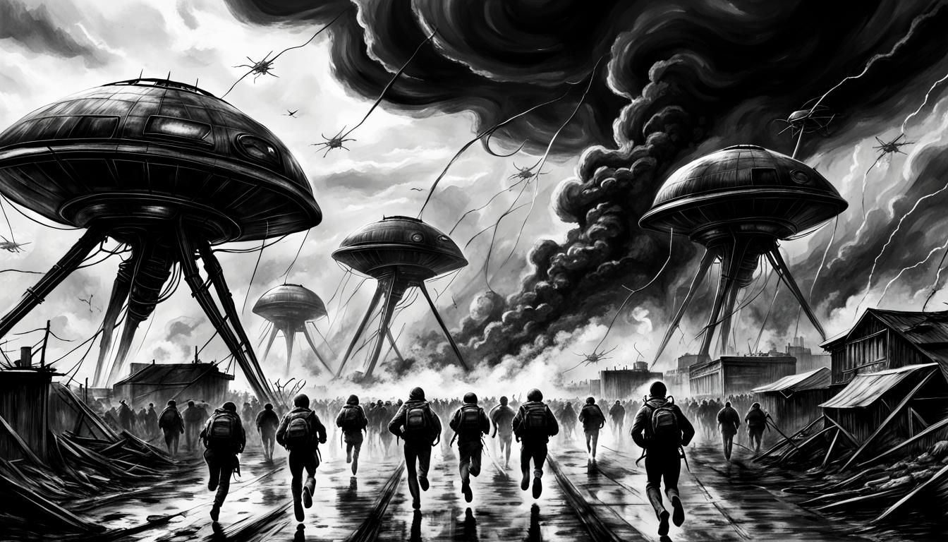 Dystopian Alien Invasion in Pencil Sketch Style