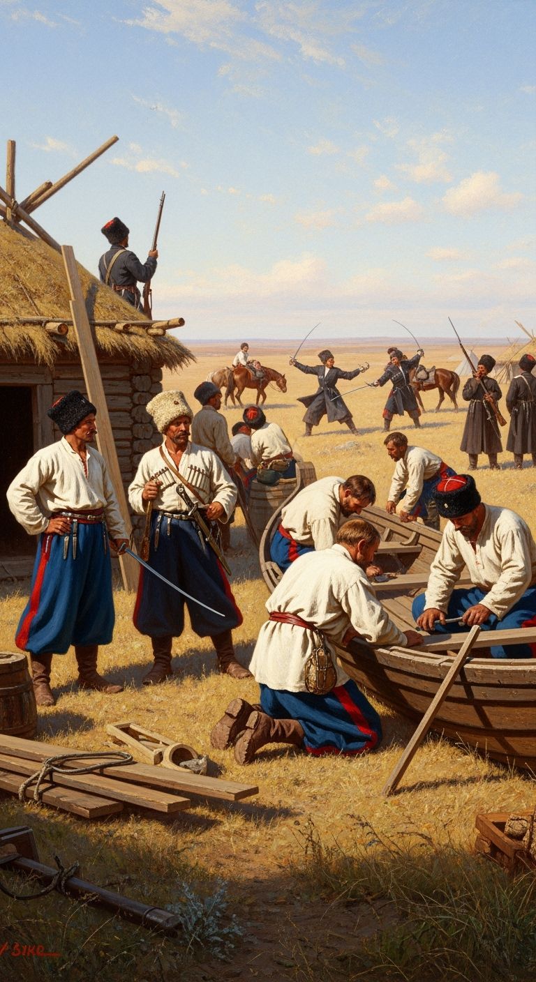 Cossacks Building Huts and Practicing Combat in Sunlight