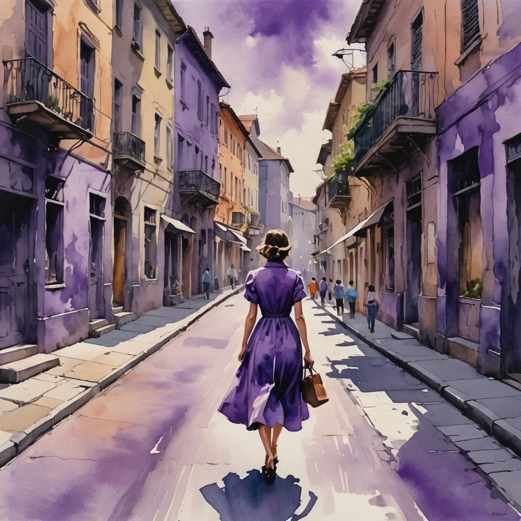 Woman in Purple Dress: Gouache Impressionist Masterpiece
