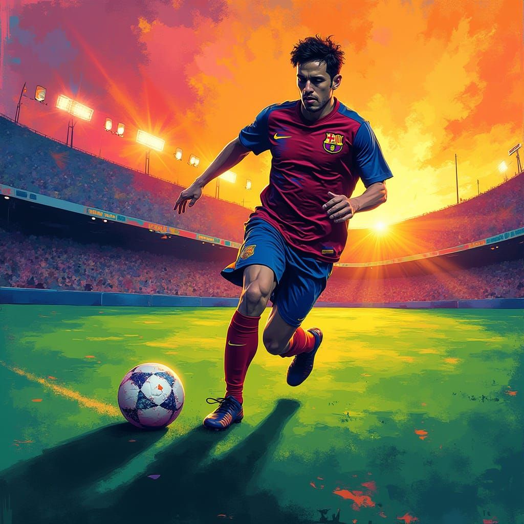 Vibrant Soccer Action Unfolds Under Sunset Stadium Glow