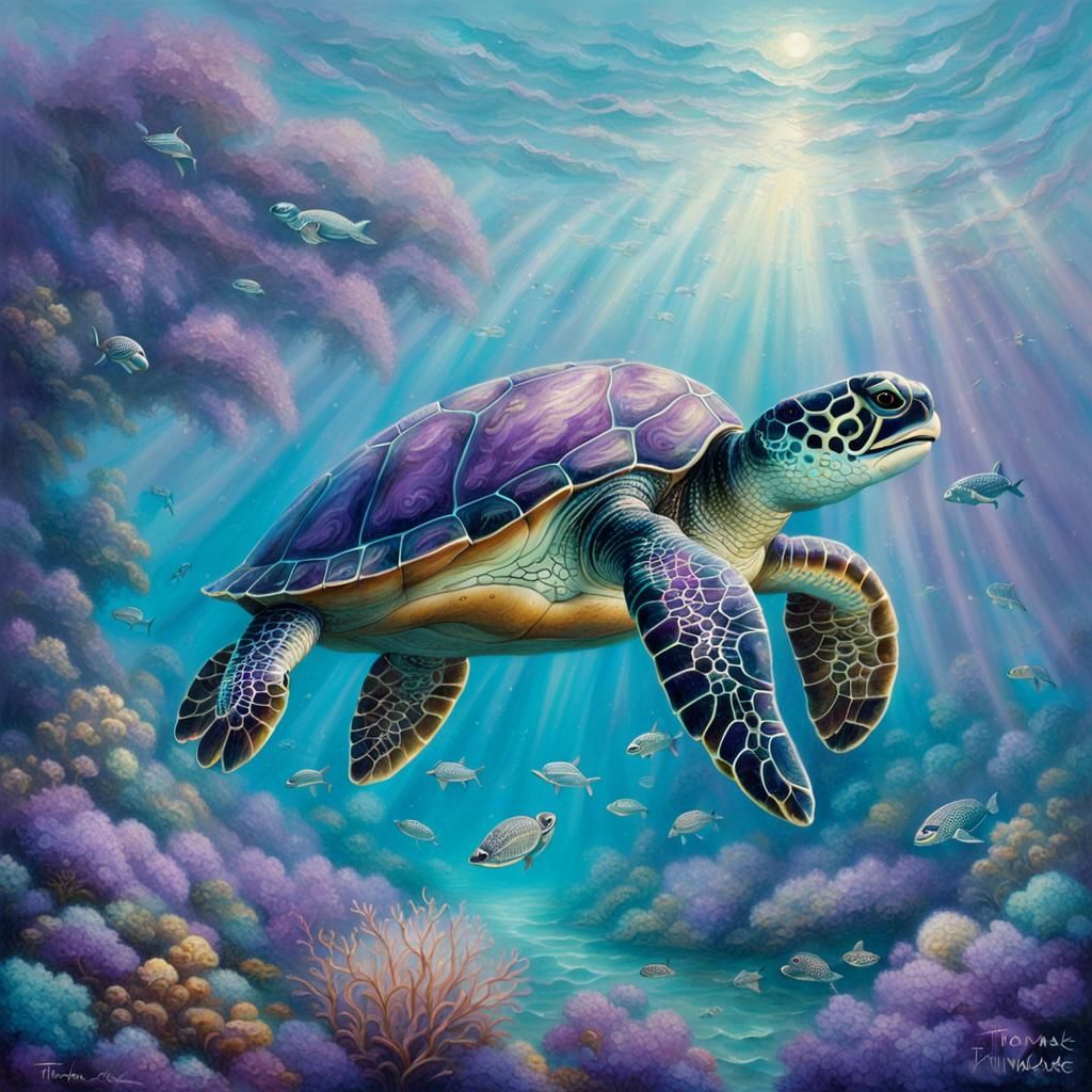 Ethereal Turtle Swimming in Turquoise Ocean