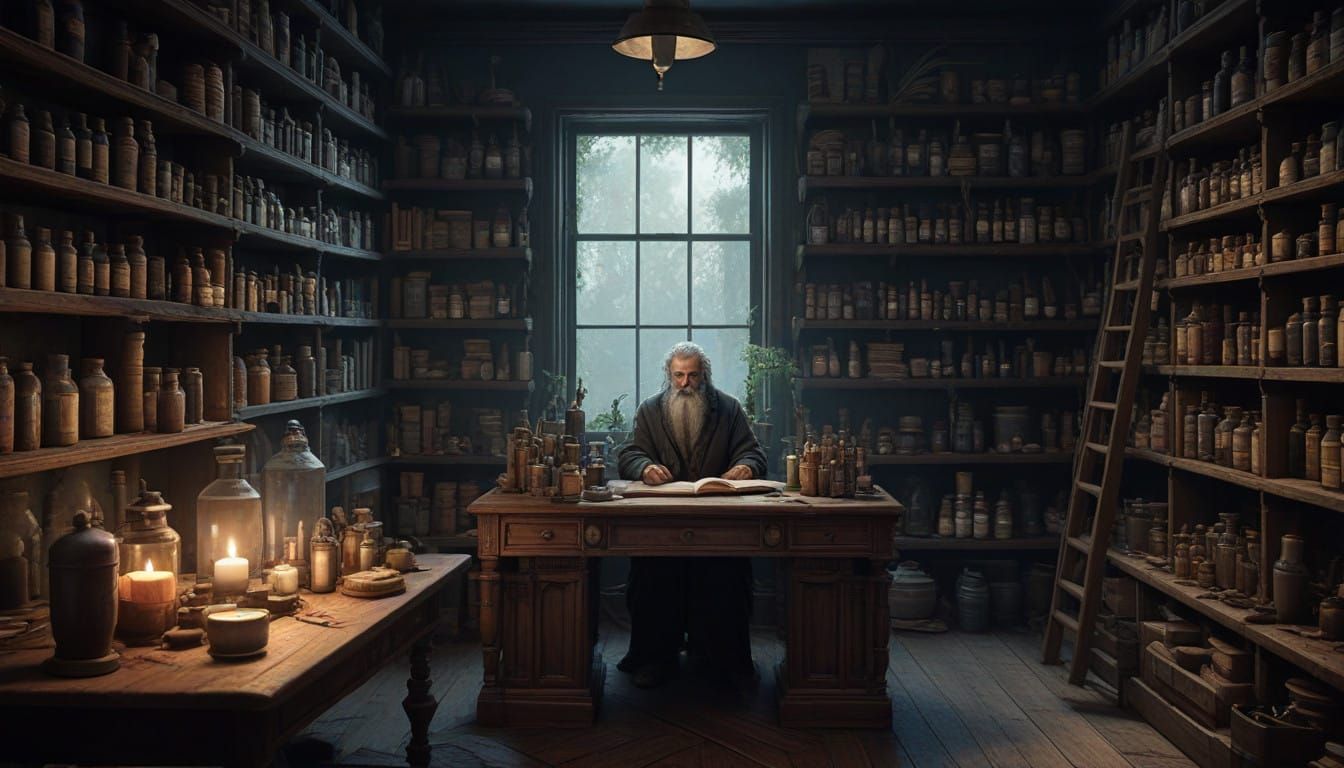 Mystical Apothecary Scene in Photorealistic Style