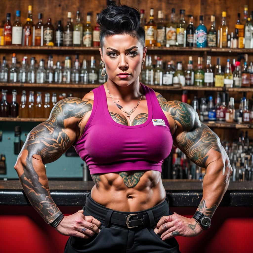 Butch Lesbian Bodybuilder Portrait in Bar, Photorealistic