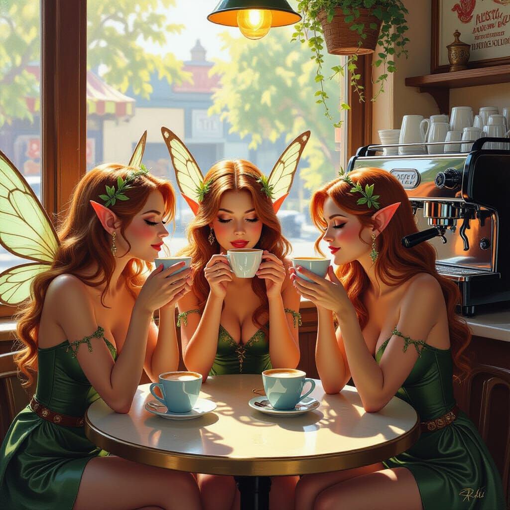 Fairies Enjoying Espresso in Detailed Fantasy Oil Painting