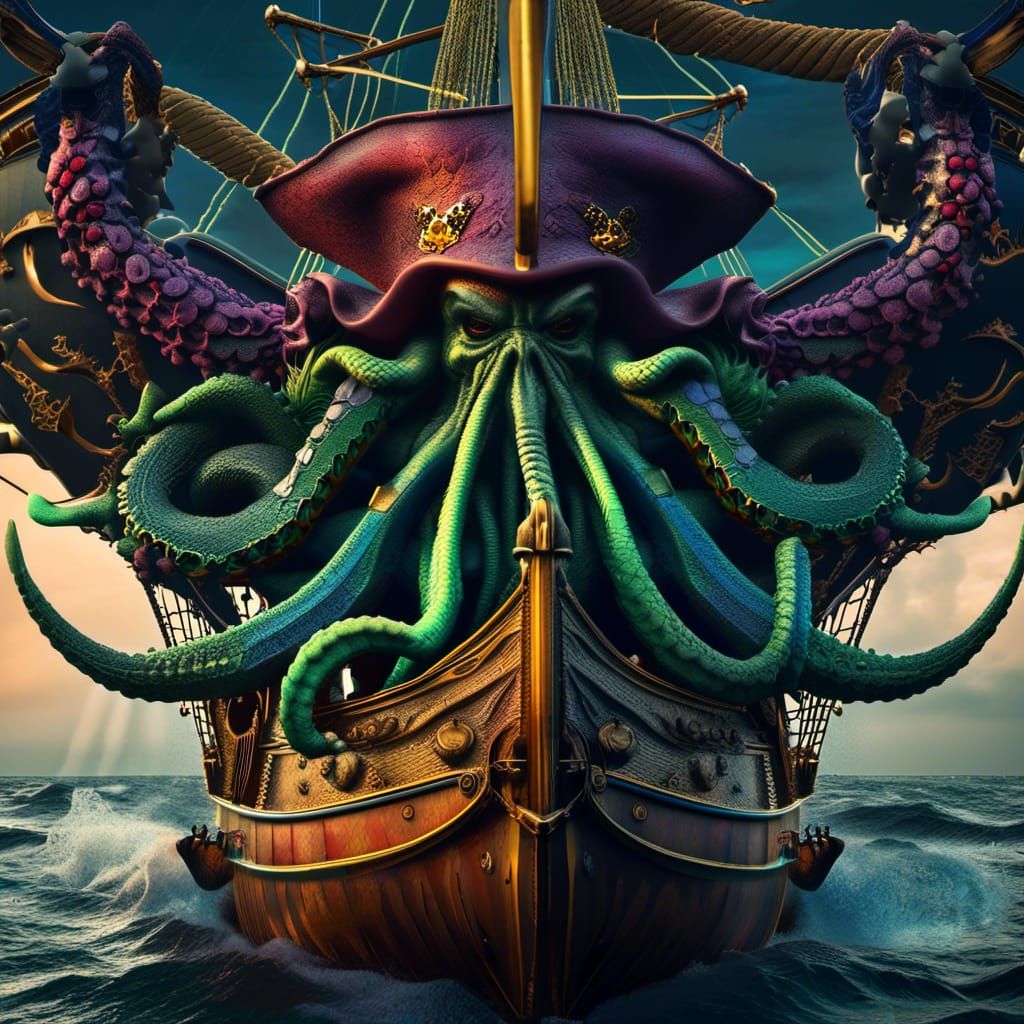 Cthulhu Pirate Attacks Ship in Dark Seas