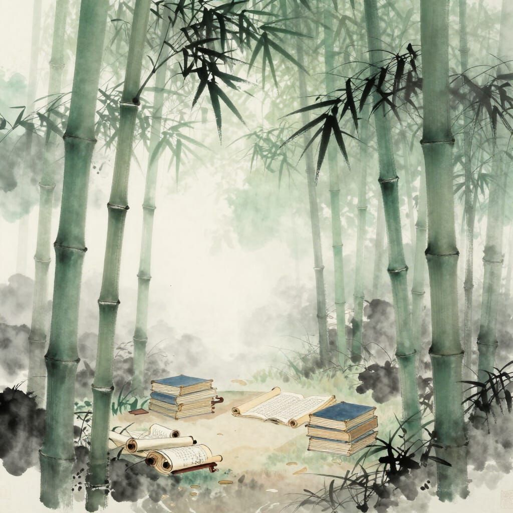 Tranquil Bamboo Forest Study Nook in Japanese Ink Wash Style