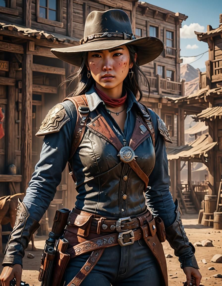 Asian Gunslinger in the Wild West: Epic Gaming Art