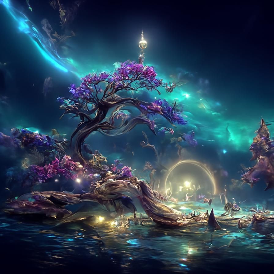 Magical Tree in Mystical Galaxy Sea: Digital Art