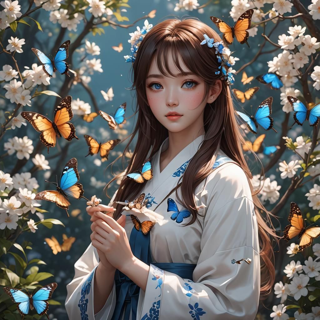 Korean Girl Holding Butterfly in 3D Anime Style