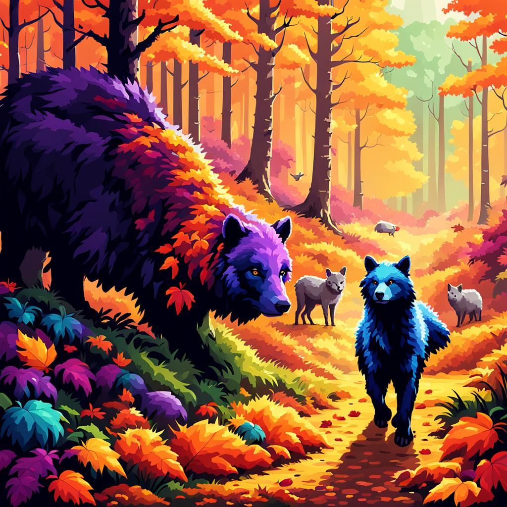 Vibrant Pixel Art of Autumn Animals in Forest