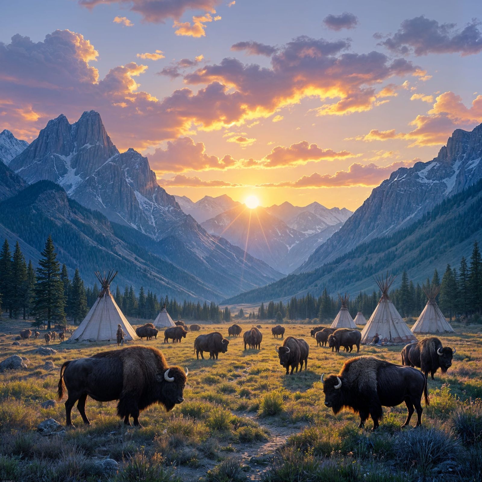 Native American Village at Sunrise With Mountains and Buffal...