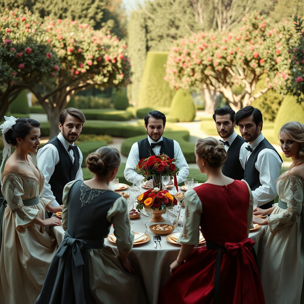 Baroque Banquet in Lush Garden with Elegant Figures