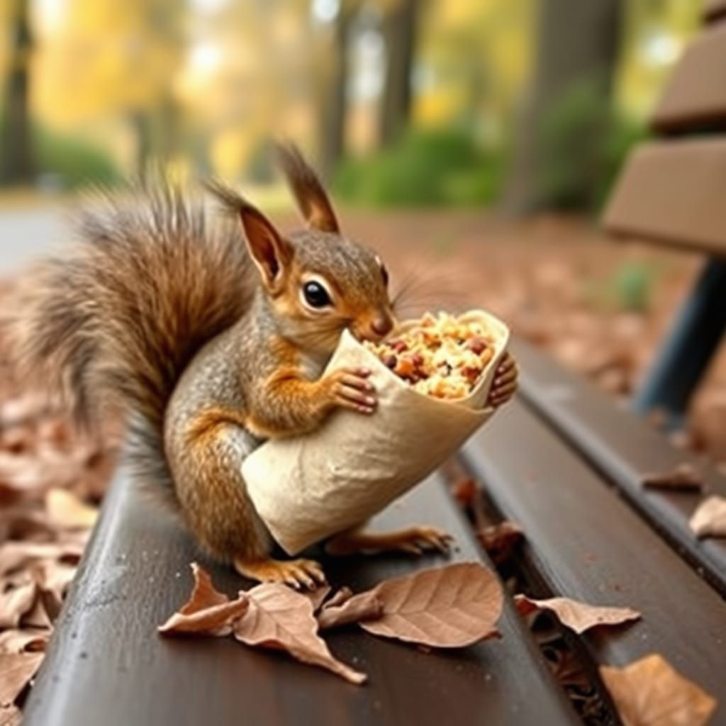 Squirrel Finds Prized Burrito in Autumn Park