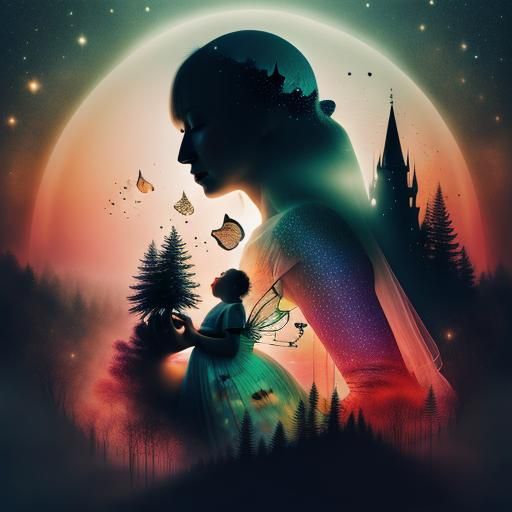 Daughter Embraces Mother in Double Exposure