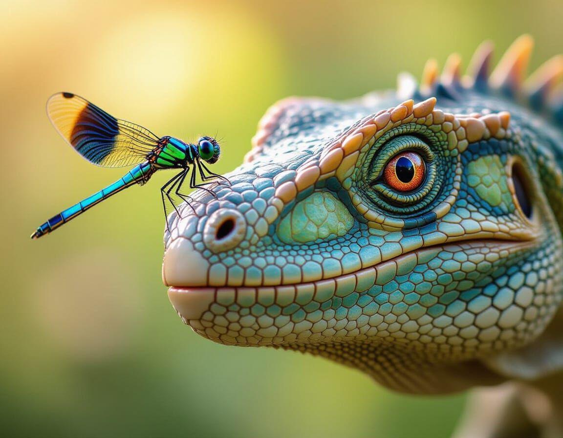 Dragonfly Perched on Smiling Dinosaur's Nose, Bokeh Backgrou...