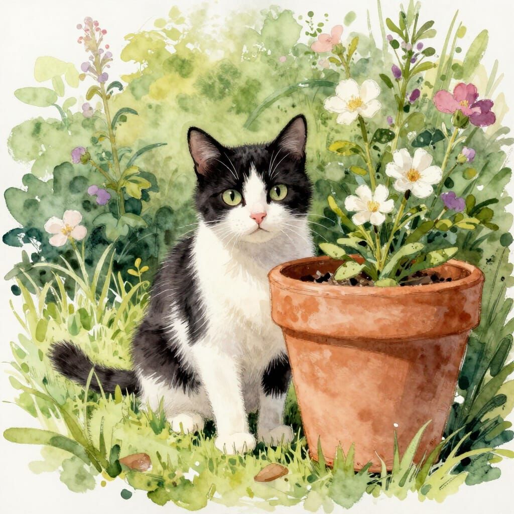 Curious Black and White Cat in Garden Sketchy Watercolour