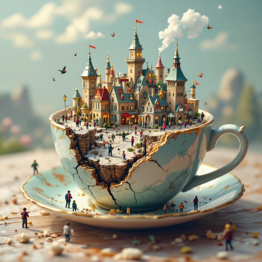 Miniature City Thrives Inside Cracked Teacup