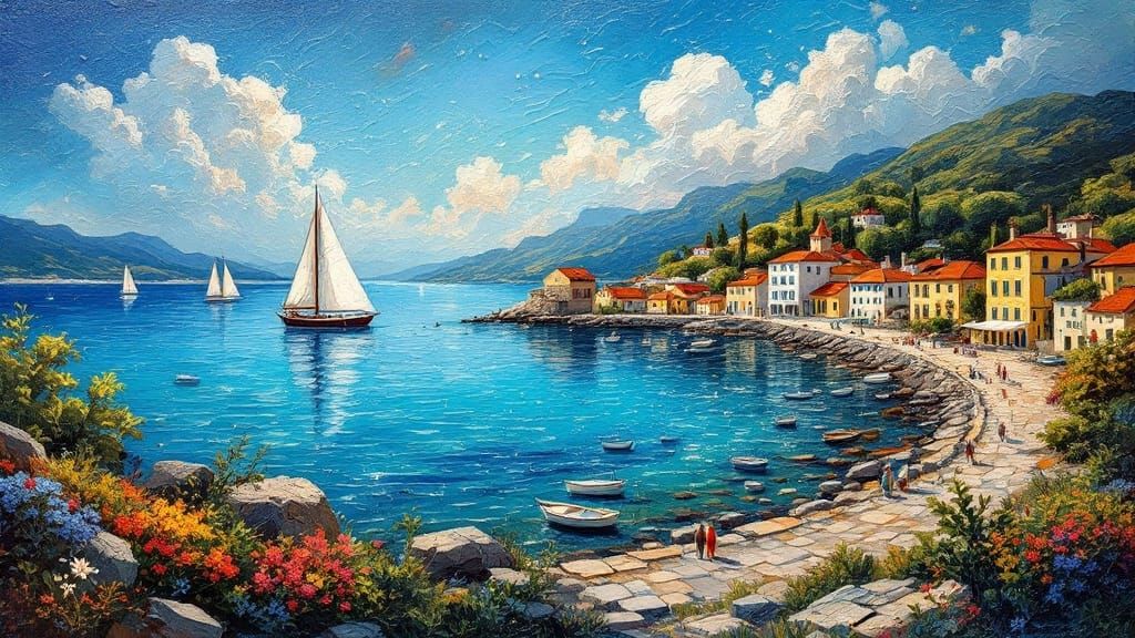 Vibrant Coastal Townscape in Thick Impasto Oil Painting