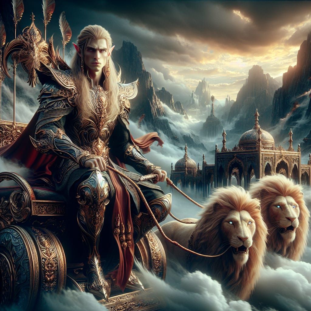 Elven Warrior in Chariot Pulled by White Lions