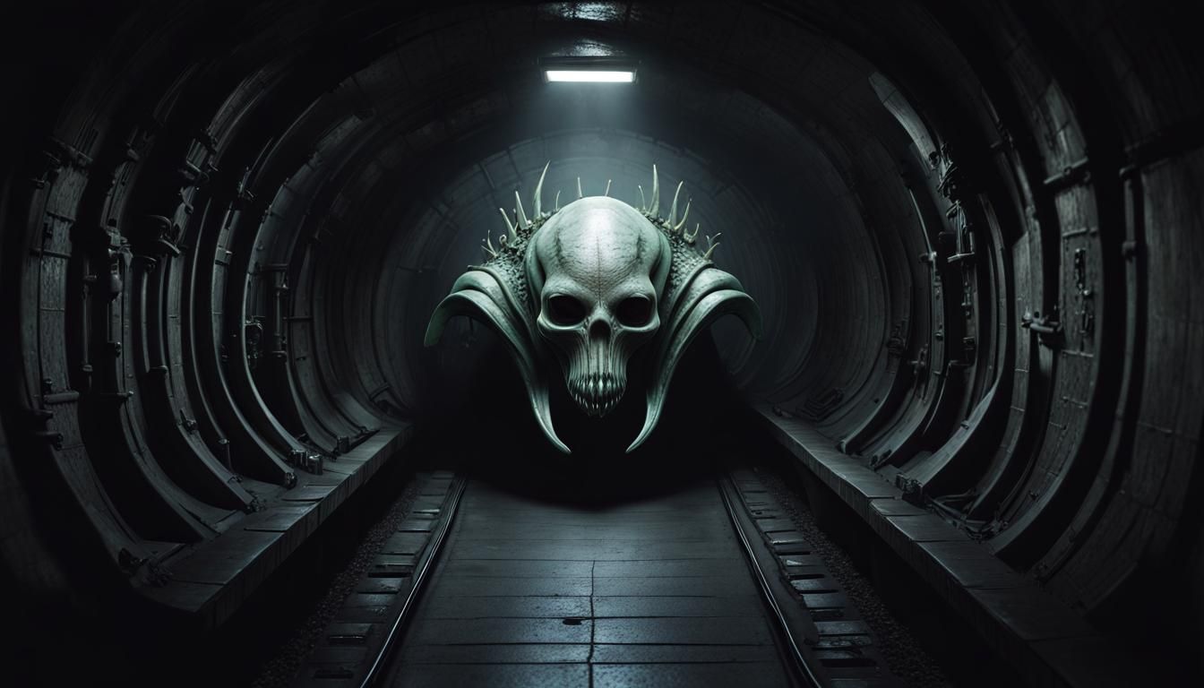 Gigeresque Subway Train Disappearing Into Darkness