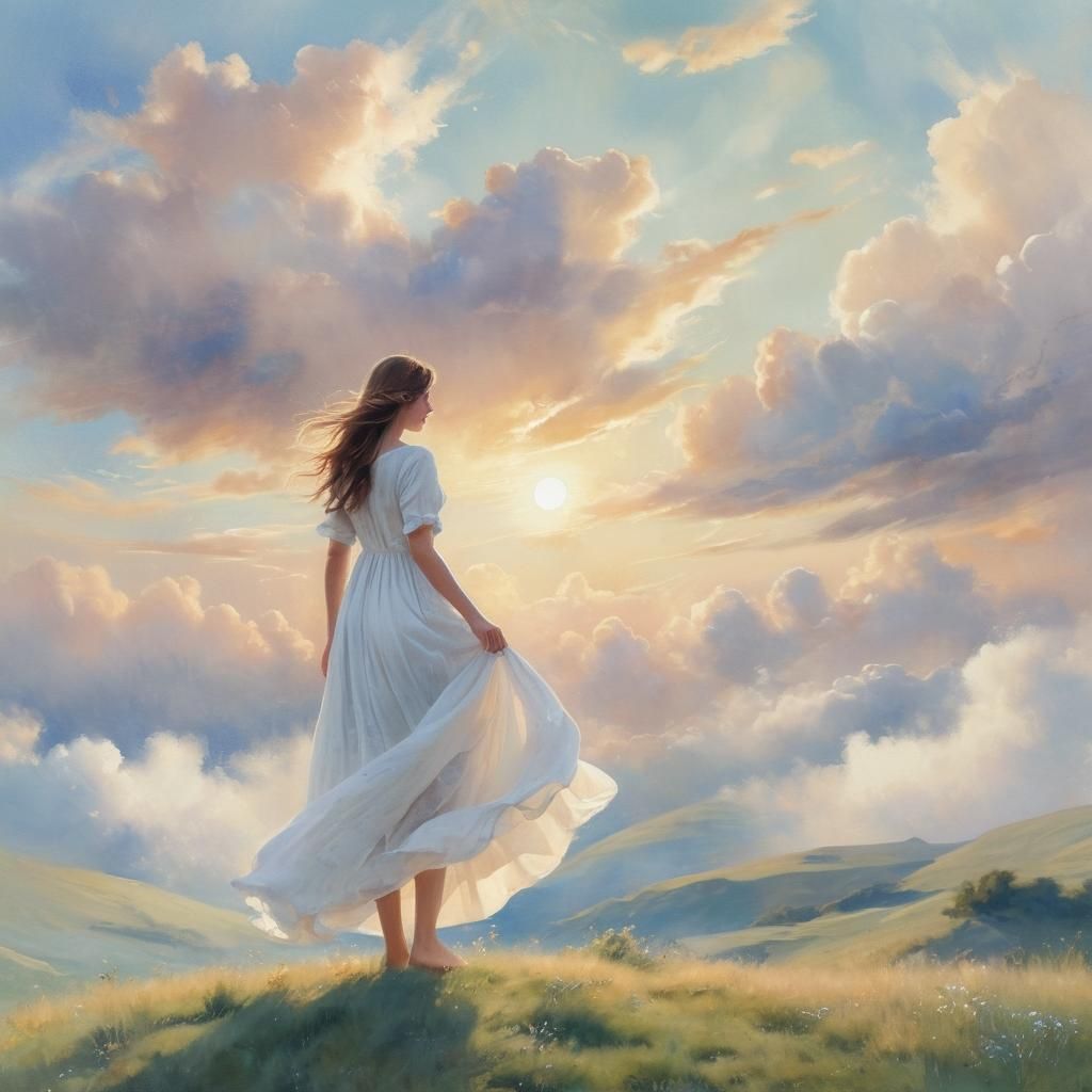 Dreamy Landscape with Woman, Pastel Watercolor Art