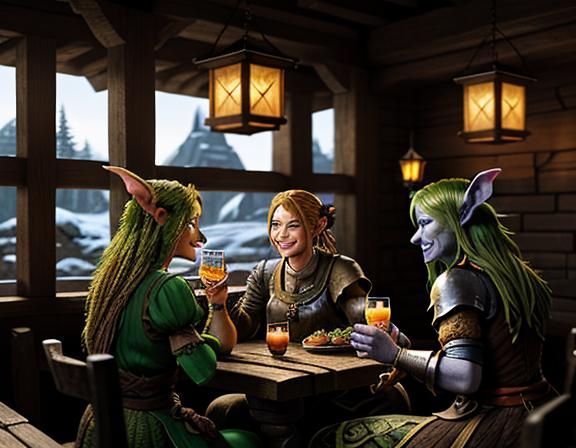 Female Goblins Enjoying Cocktails in Rustic Tavern: 3D Art