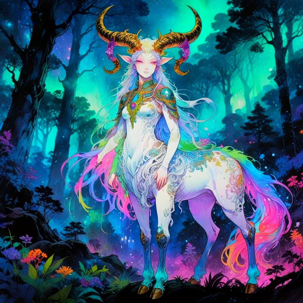 Fantasy Ink Painting of Celestial Cryptid in Enchanting Fore...