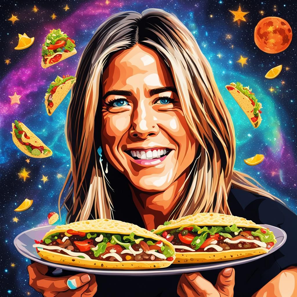 Jennifer Aniston Eating a Taco: Cosmic Illustration