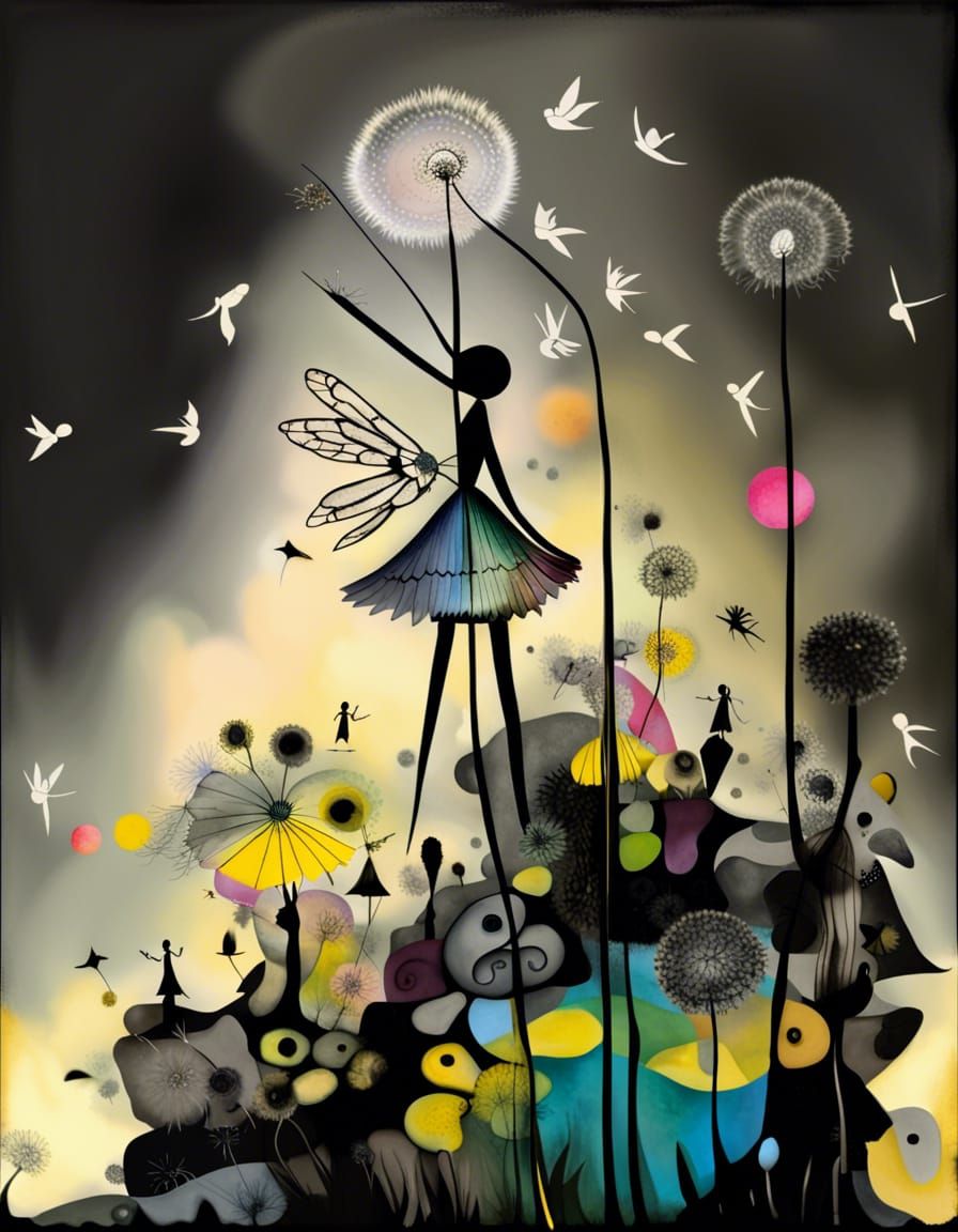 Winged Fairies in Dandelion Dreamscape, Surreal Art
