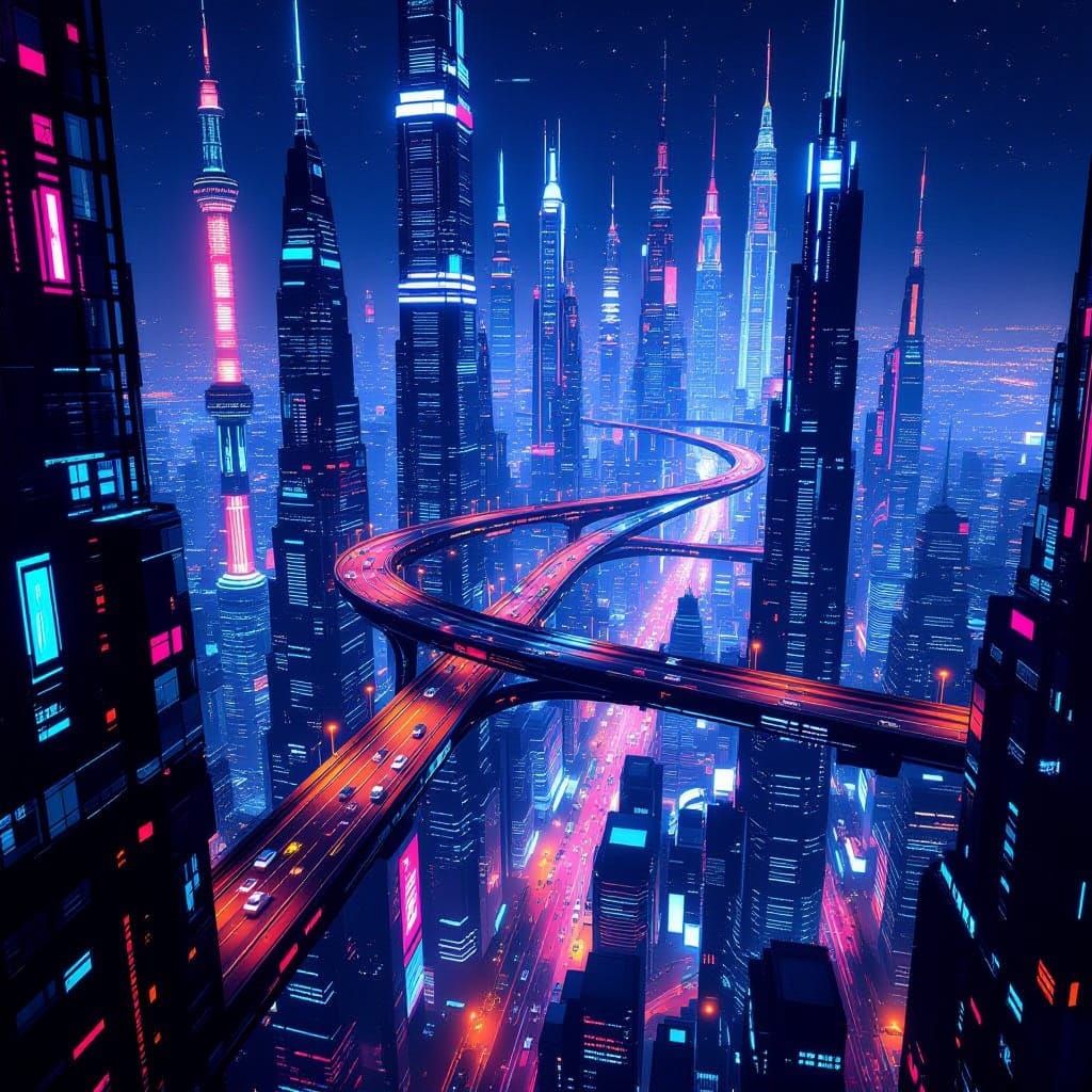 Futuristic Cityscape From Above in Vivid Neon Lights