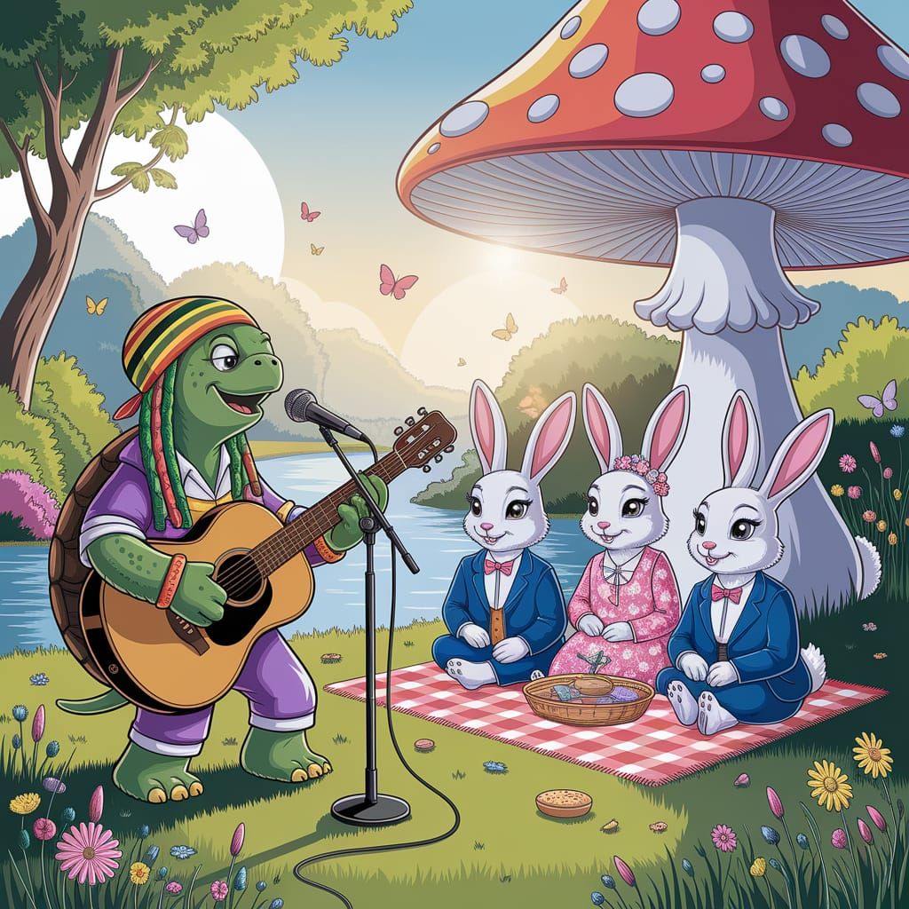 Turtle Reggae Singer's Picnic: Whimsical Watercolor Art