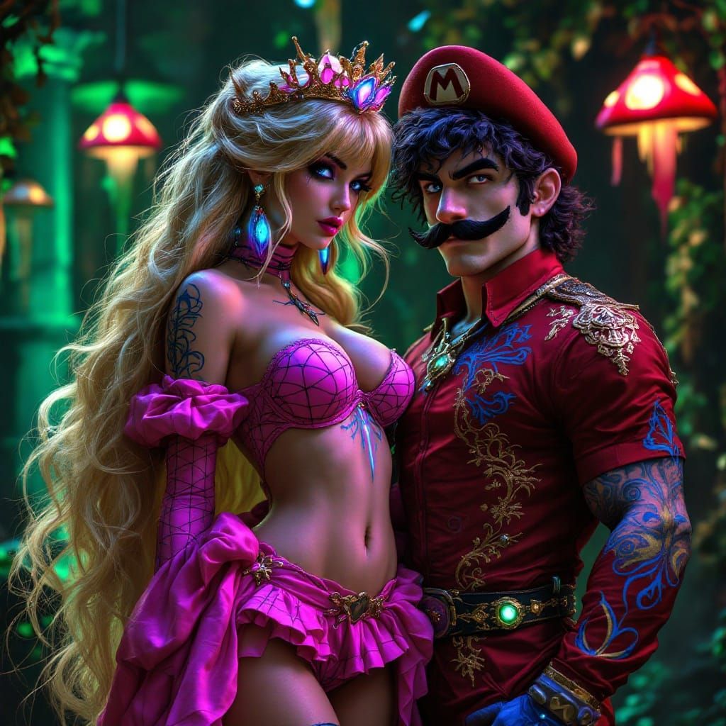 Goth Princess Peach and Mario in Cyberpunk Wonderland