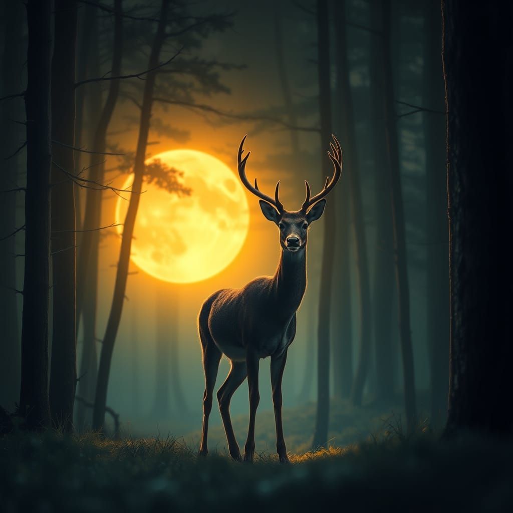 Deer Illuminated by Moonlight in Dreamy Forest