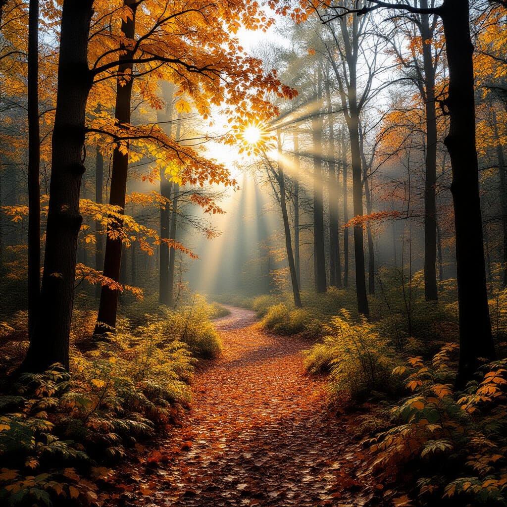 Sunlit Path Through Autumn Woods: Photorealistic Fantasy